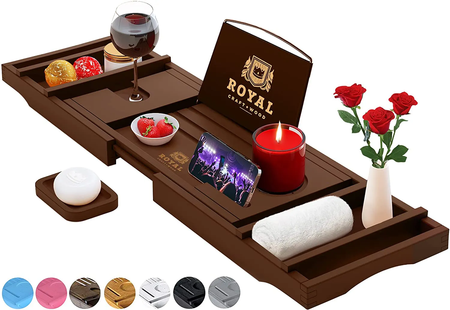 Luxury Bamboo Bathtub Caddy Tray - Adjustable Organizer Tray for Bathroom with Free Soap Dish (Brown)