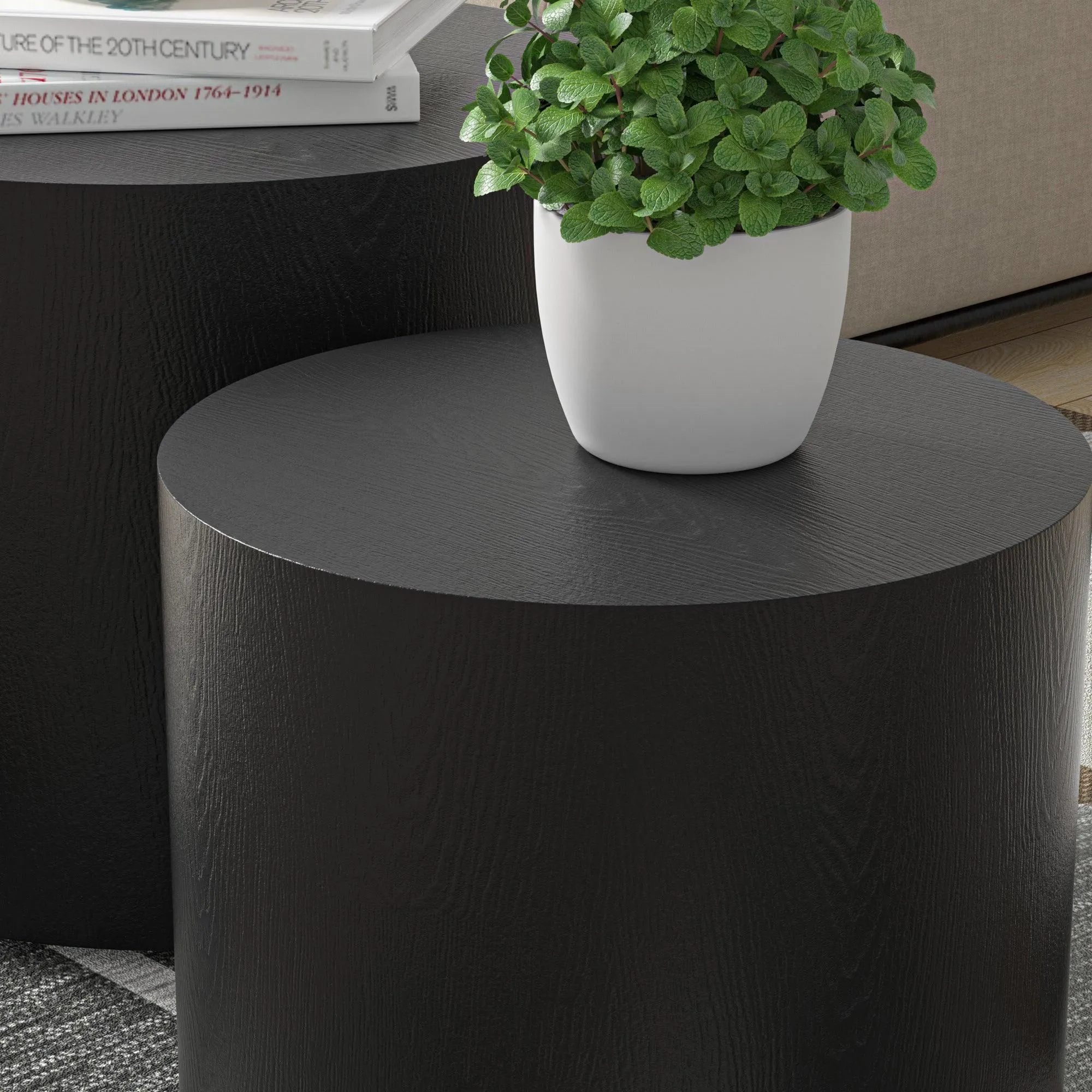 MDF with ash/oak/walnut veneer side table/coffee table/end table/nesting table set of 2(black),for living room,office,bedroom，Black Oak