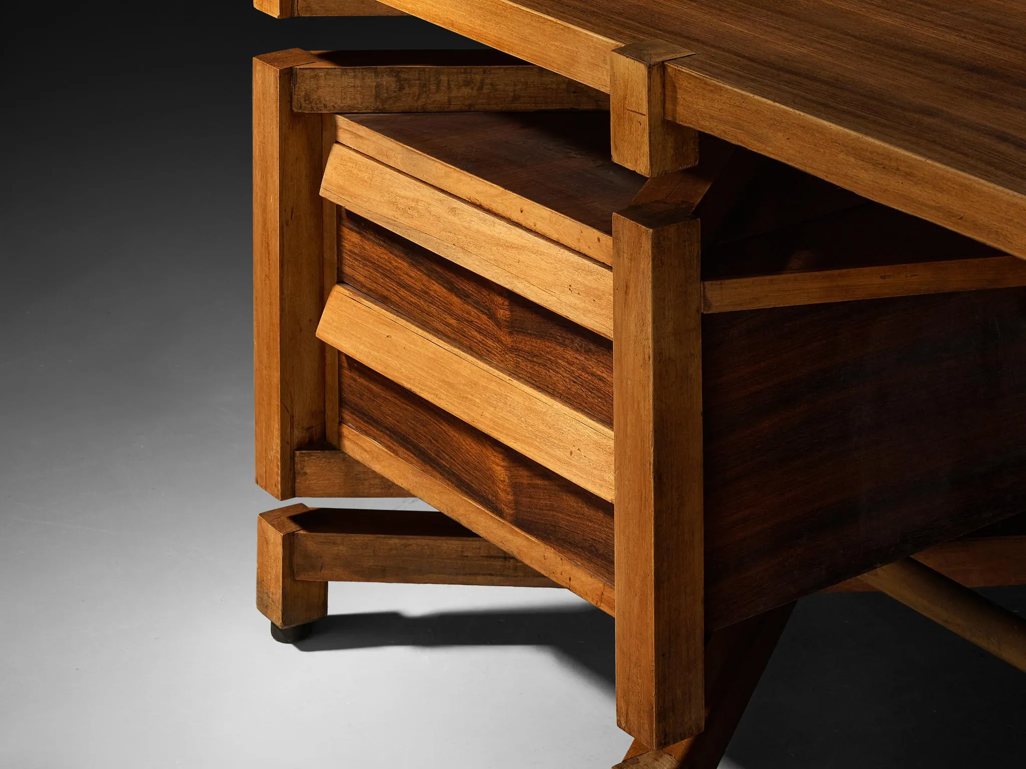 Monumental Italian Freestanding Desk with Architectural Design Walnut 1950s