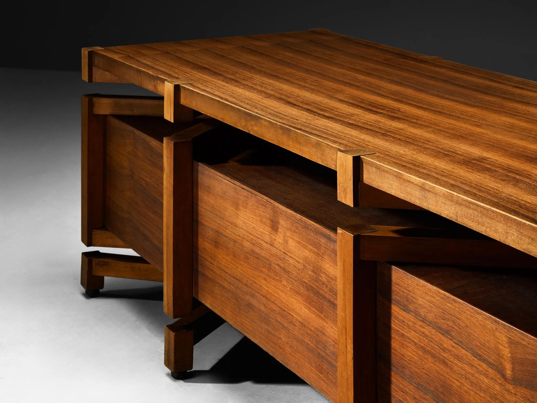 Monumental Italian Freestanding Desk with Architectural Design Walnut 1950s