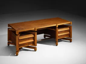Monumental Italian Freestanding Desk with Architectural Design Walnut 1950s