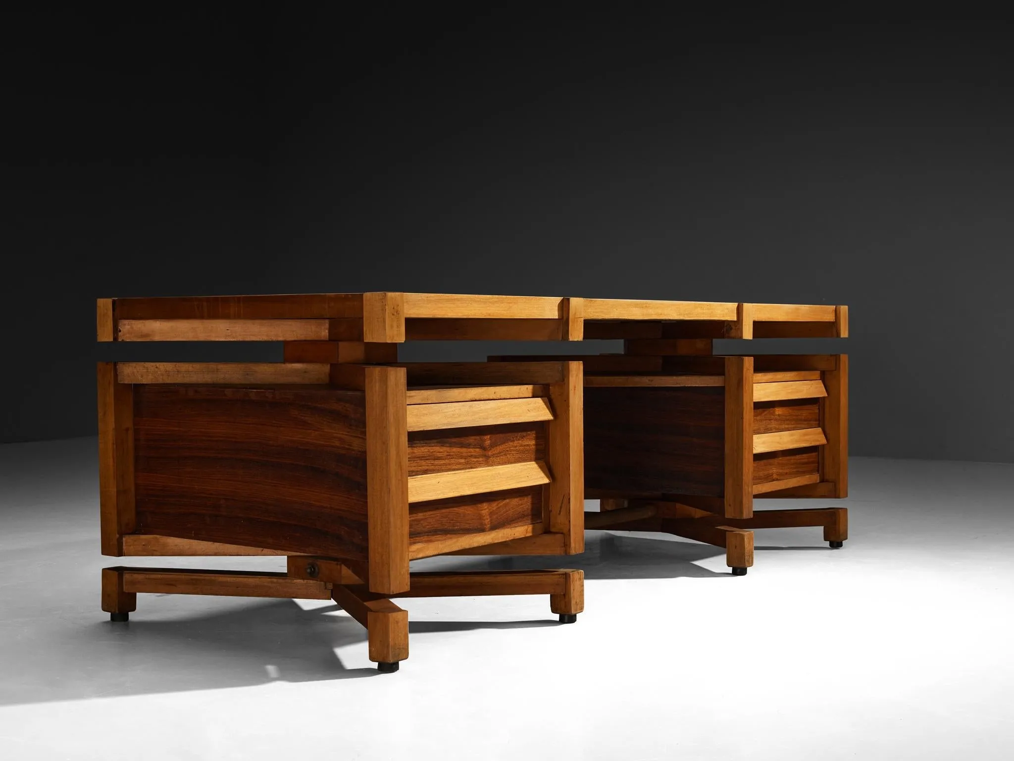 Monumental Italian Freestanding Desk with Architectural Design Walnut 1950s
