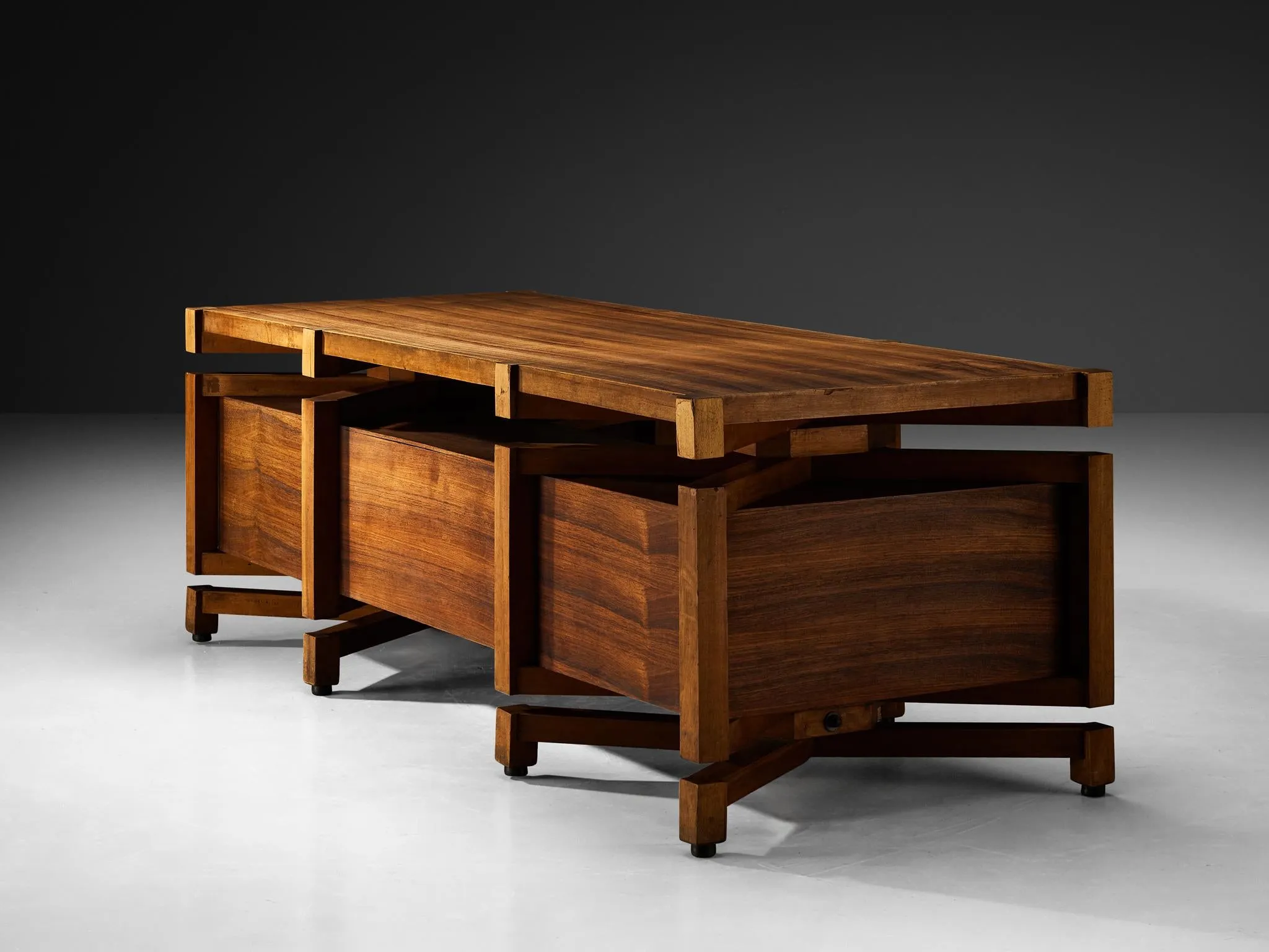 Monumental Italian Freestanding Desk with Architectural Design Walnut 1950s