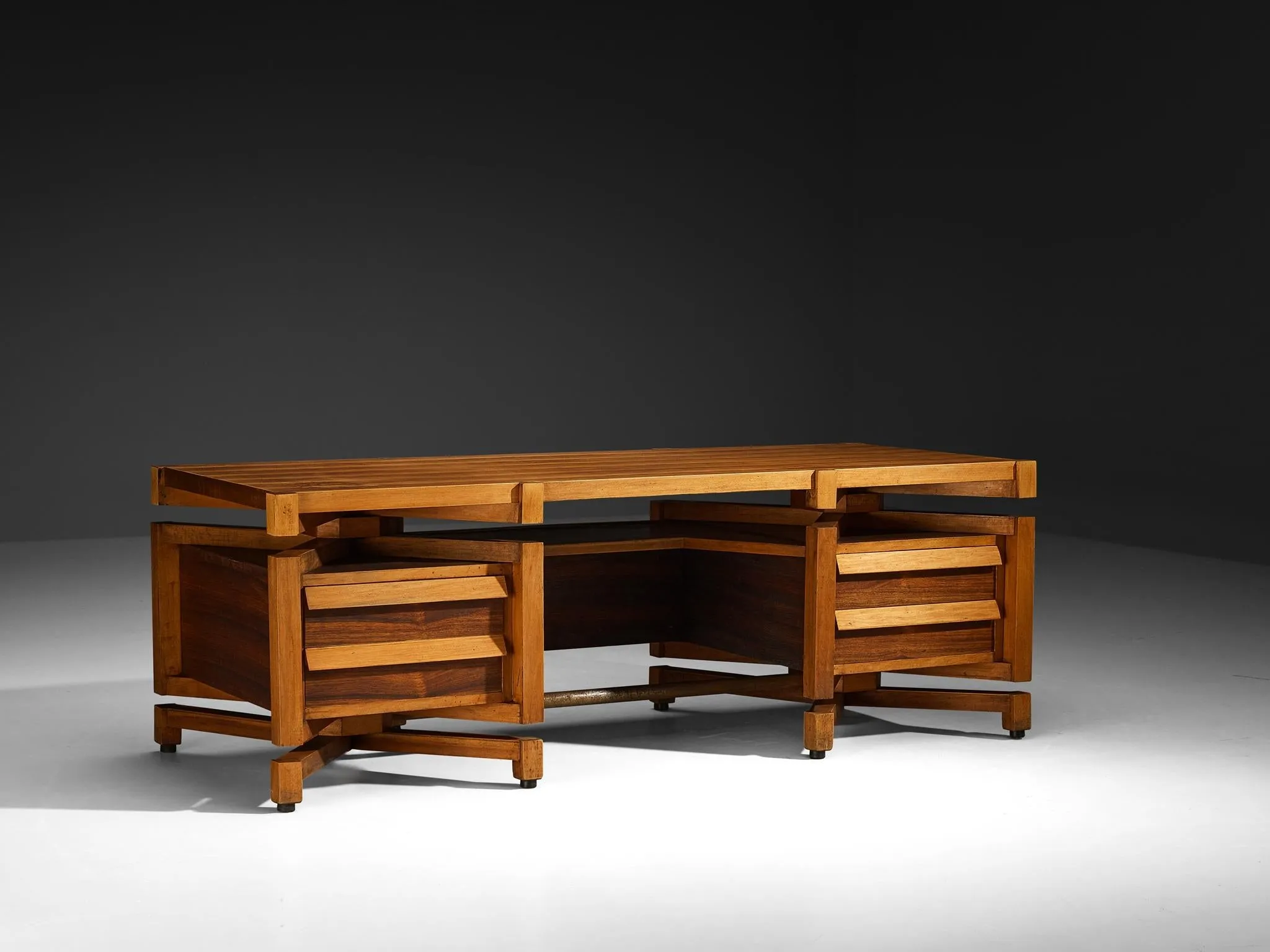 Monumental Italian Freestanding Desk with Architectural Design Walnut 1950s