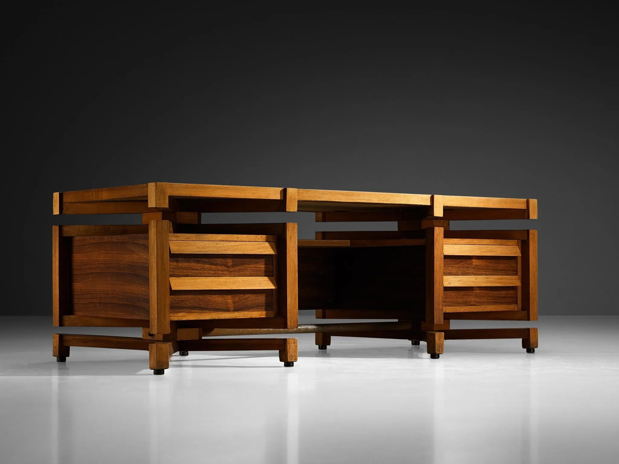 Monumental Italian Freestanding Desk with Architectural Design Walnut 1950s