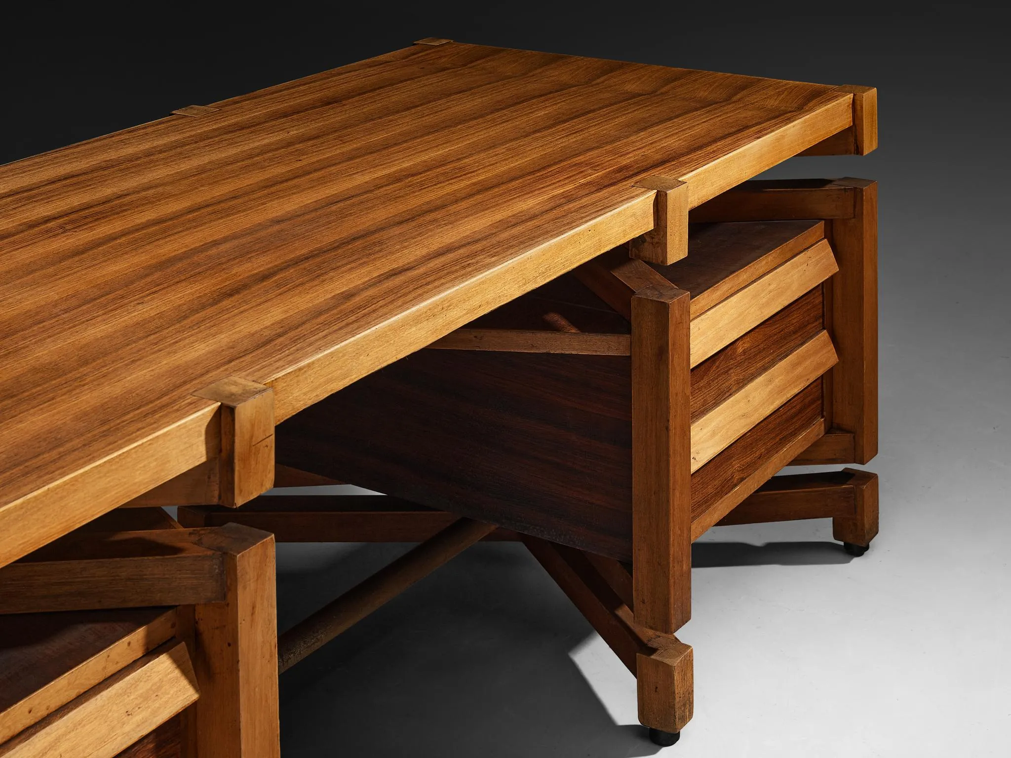Monumental Italian Freestanding Desk with Architectural Design Walnut 1950s