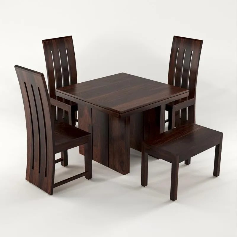 NEW MAMTA FURNITURE Solid Sheesham Wood Dining Room Sets 4 Seater Poester Dining Table with 3 Chairs & 1 Bench for Dining Room, Living Room, Restaurant, Cafeteria (Standard, Walnut Finish)