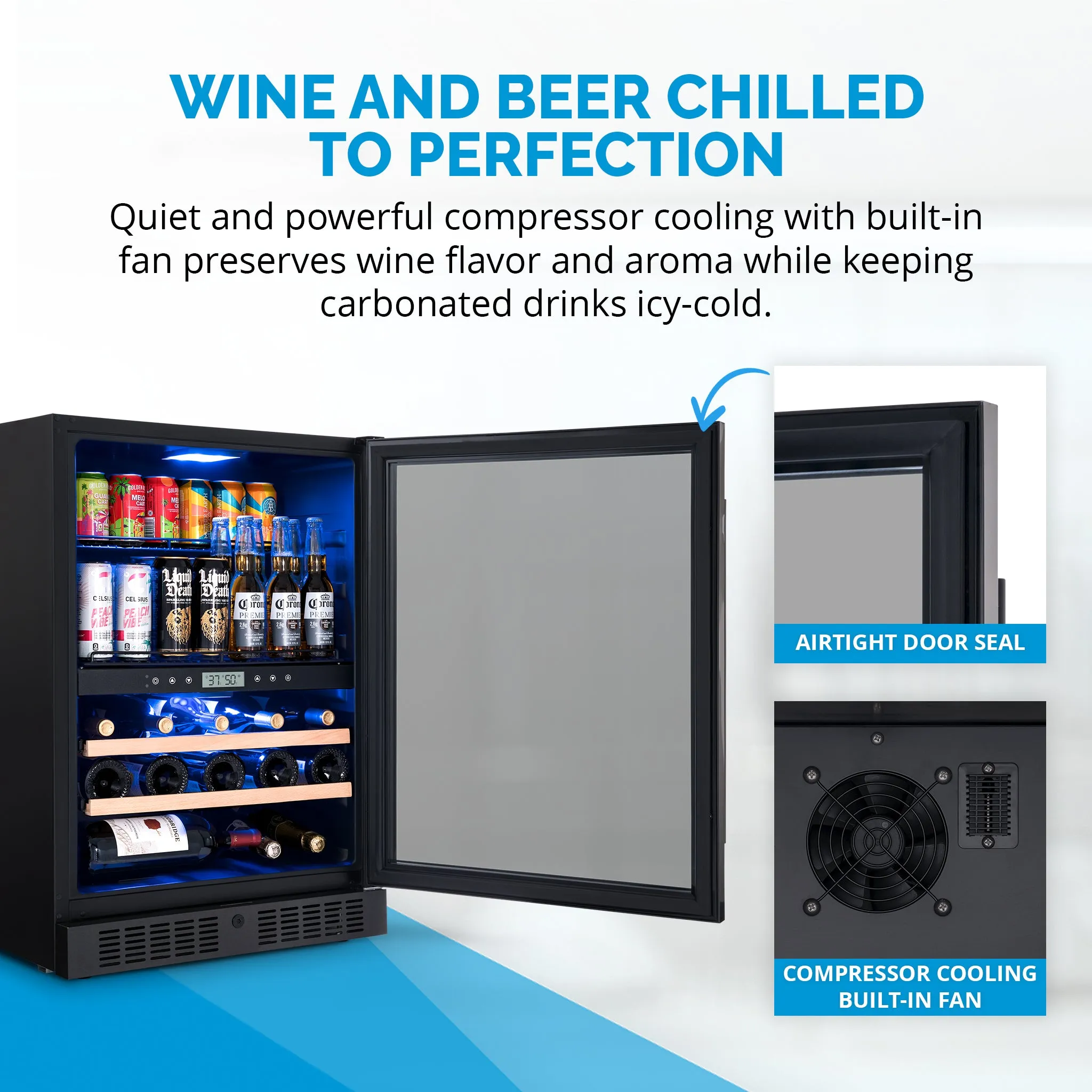 Newair® 100-Can, 24-Bottle Built-in Dual Zone Black Beverage Fridge - 24"