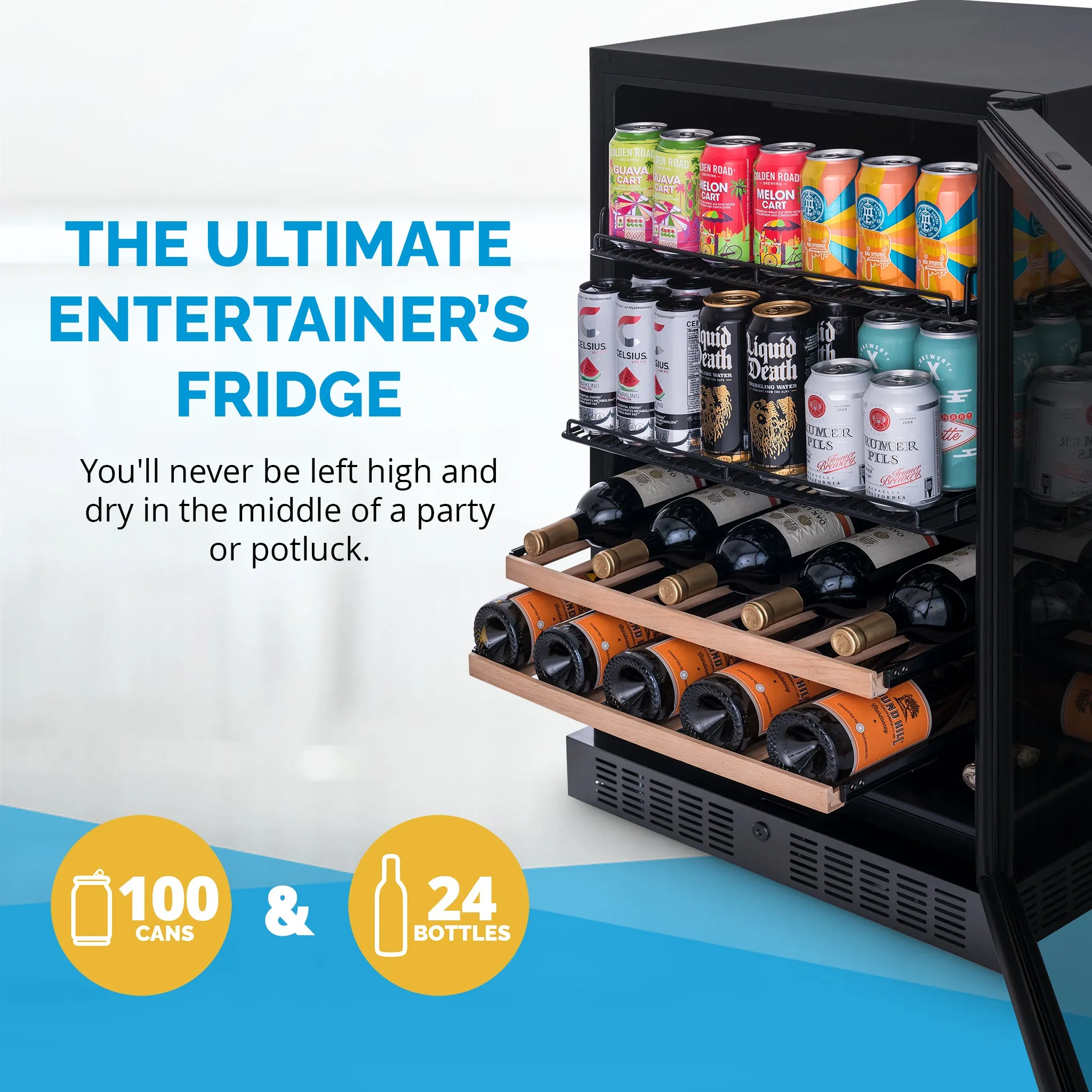 Newair® 100-Can, 24-Bottle Built-in Dual Zone Black Beverage Fridge - 24"