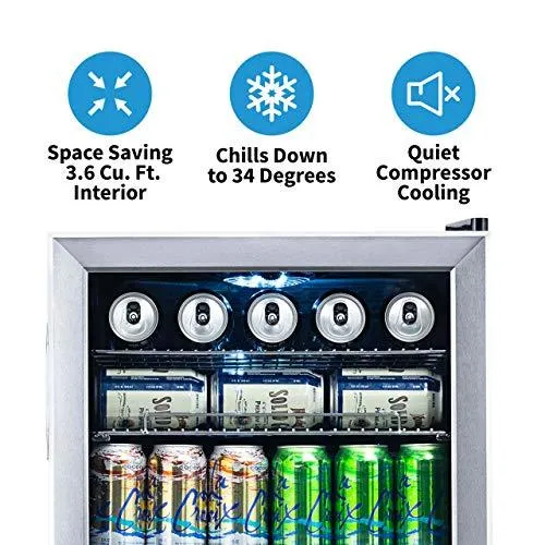 NewAir Beverage Refrigerator Cooler with 126 Can Capacity - Mini Bar Beer Fridge with Right Hinge Glass Door - Cools to 34F - AB-1200 - Stainless Steel
