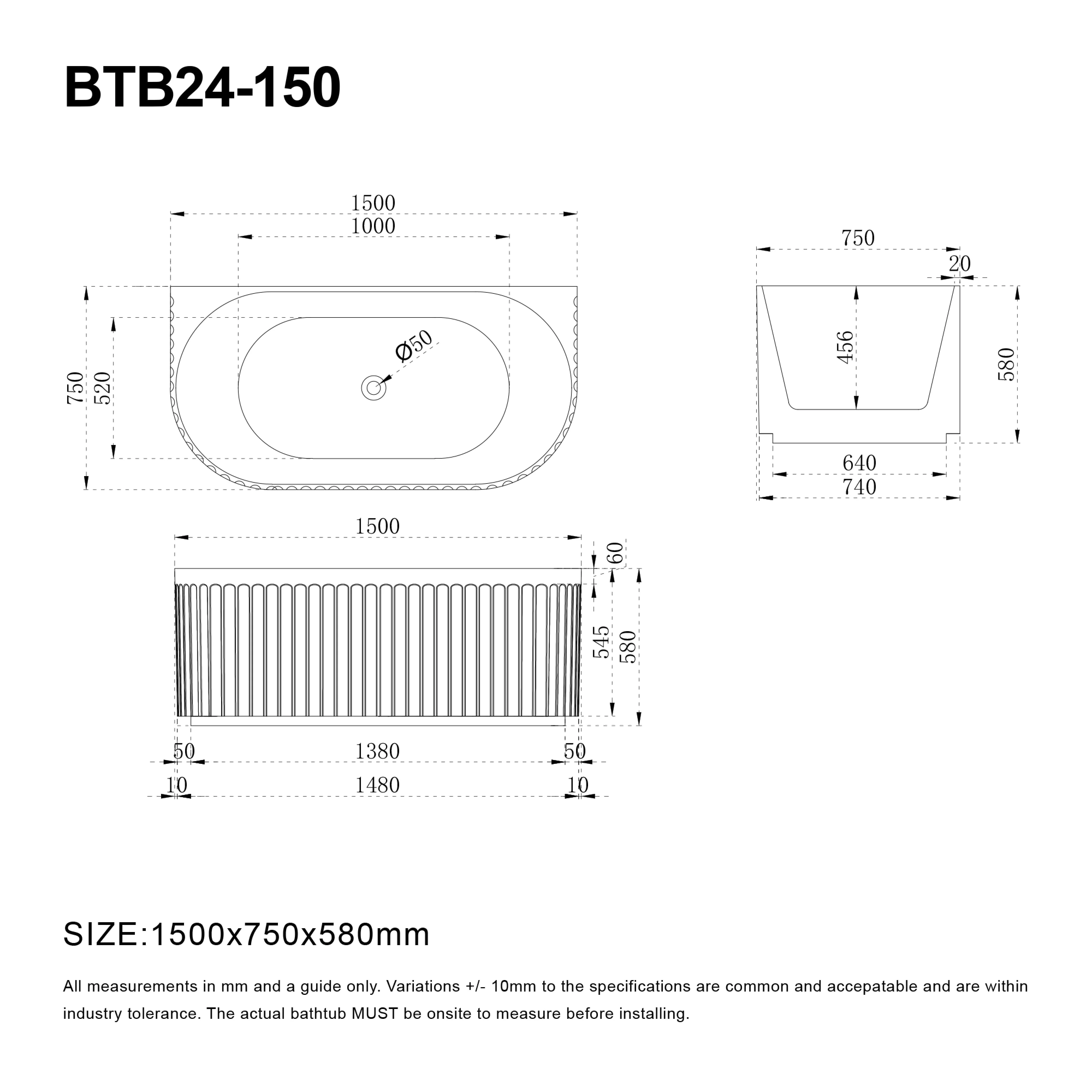 OBI 1500mm Fluted Back to Wall Free Standing Bath Gloss White