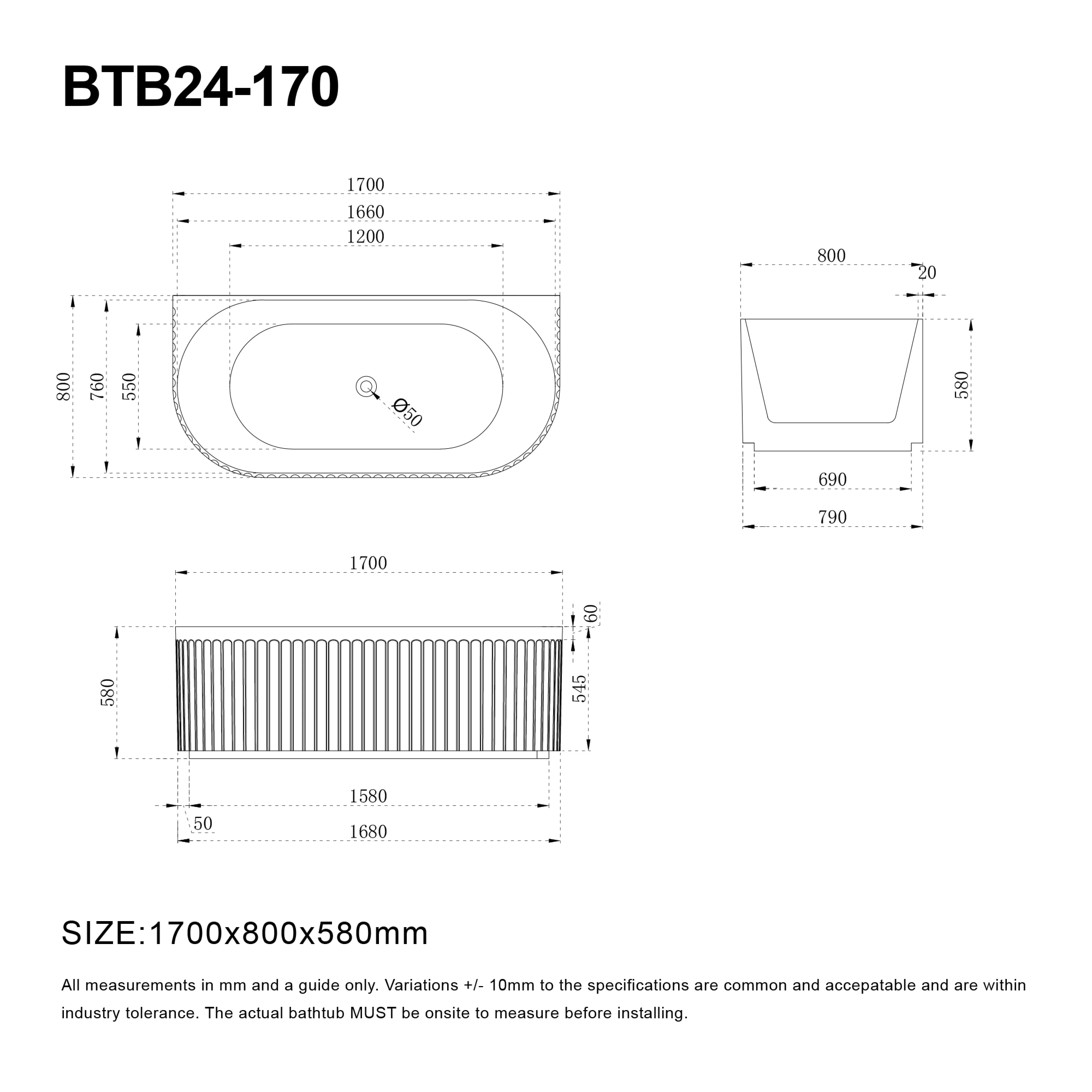 OBI 1700mm Fluted Back to Wall Free Standing Bath Gloss White