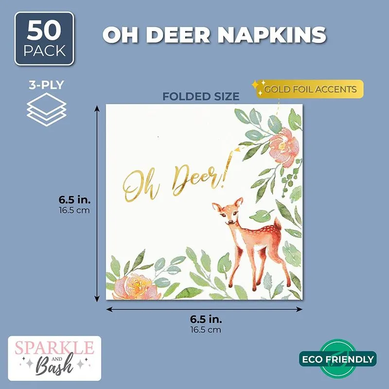 Oh Deer Baby Shower Decorations, White Paper Napkins (6.5 In, 50 Pack)