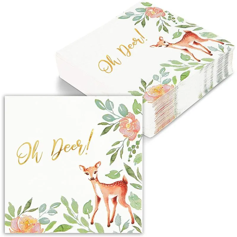 Oh Deer Baby Shower Decorations, White Paper Napkins (6.5 In, 50 Pack)