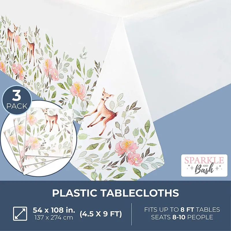 Oh Deer Party Table Covers for Girls Baby Shower (54 x 108 in, 3 Pack)