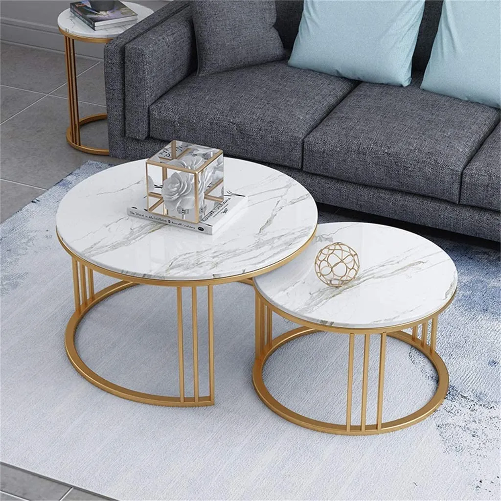 Onlinecollection Engineered Wood Coffee Table, Nesting Center Table, Movable Decorative Table, Round Leisure Table, Suitable For Bedside/Hallway/Living Room (Golden-White)