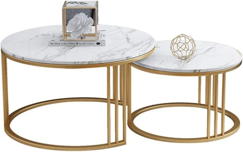 Onlinecollection Engineered Wood Coffee Table, Nesting Center Table, Movable Decorative Table, Round Leisure Table, Suitable For Bedside/Hallway/Living Room (Golden-White)