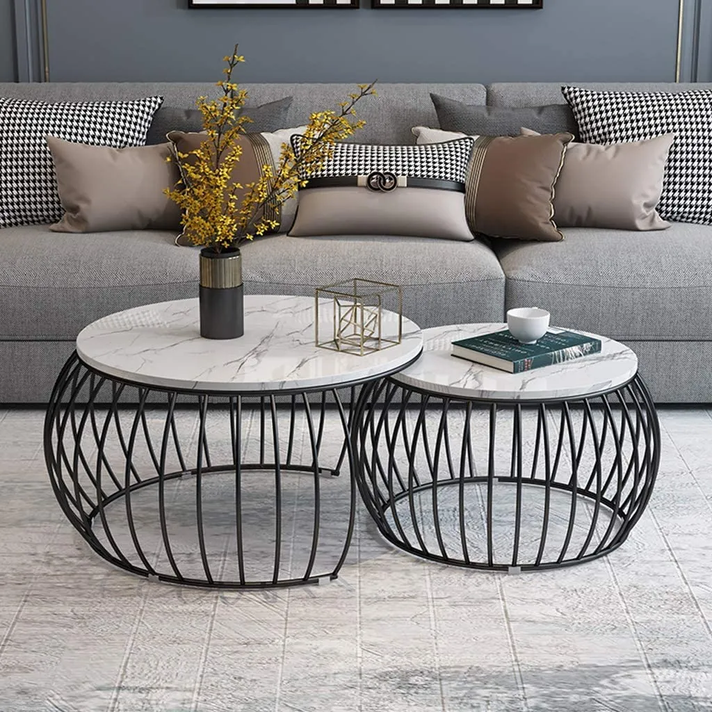 Onlinecollection Round Nesting End Table | 2-Piece Stackable Elegant Coffee Tables | Living Room Lounge Set | Gold Metal Frame & Marble Laminte Finsh Water-Proof Tabletop (Black & White)