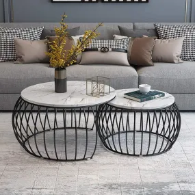 Onlinecollection Round Nesting End Table | 2-Piece Stackable Elegant Coffee Tables | Living Room Lounge Set | Gold Metal Frame & Marble Laminte Finsh Water-Proof Tabletop (Black & White)