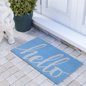 OnlyMat Light Blue "Hello" Printed Coir Entrance Mat