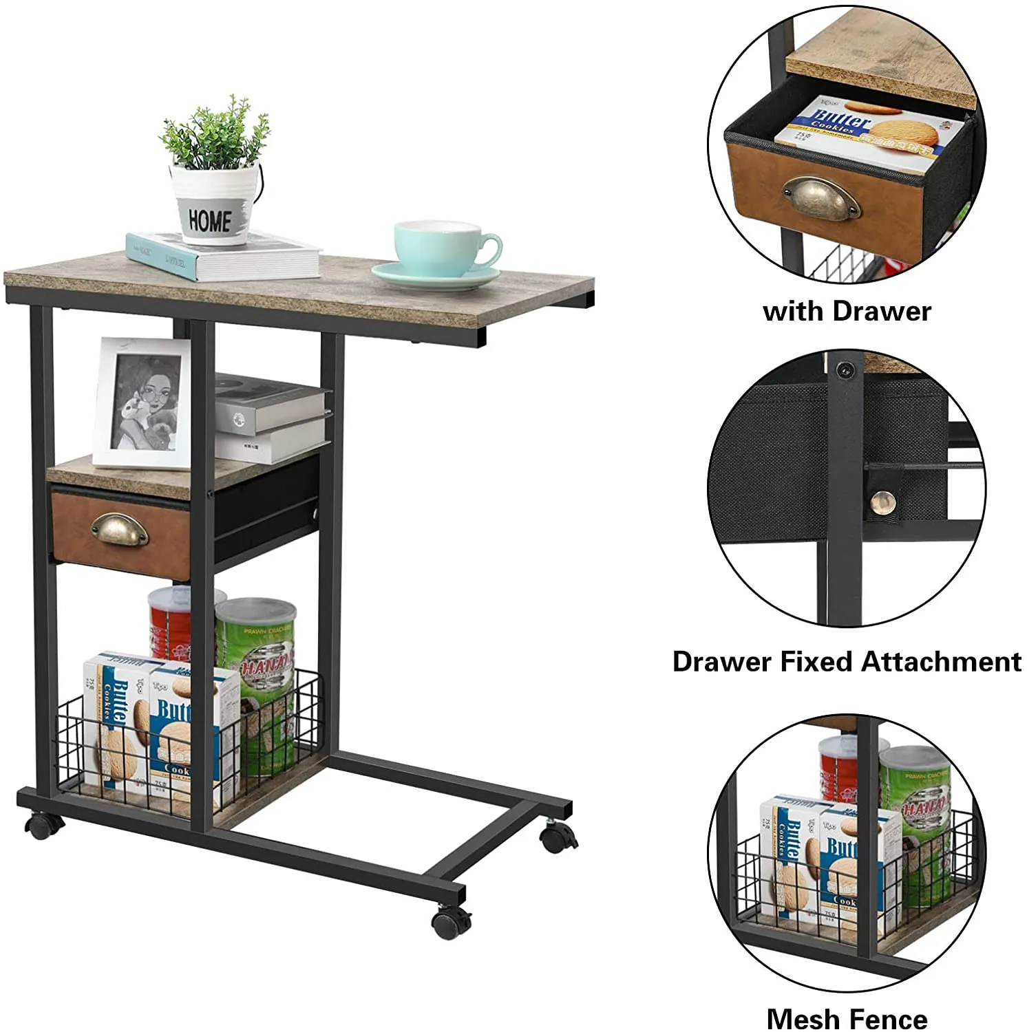 Overbed Laptop Table Mobile C Shaped Couch Side Table with Drawer, End Table Cart with Removable Caster