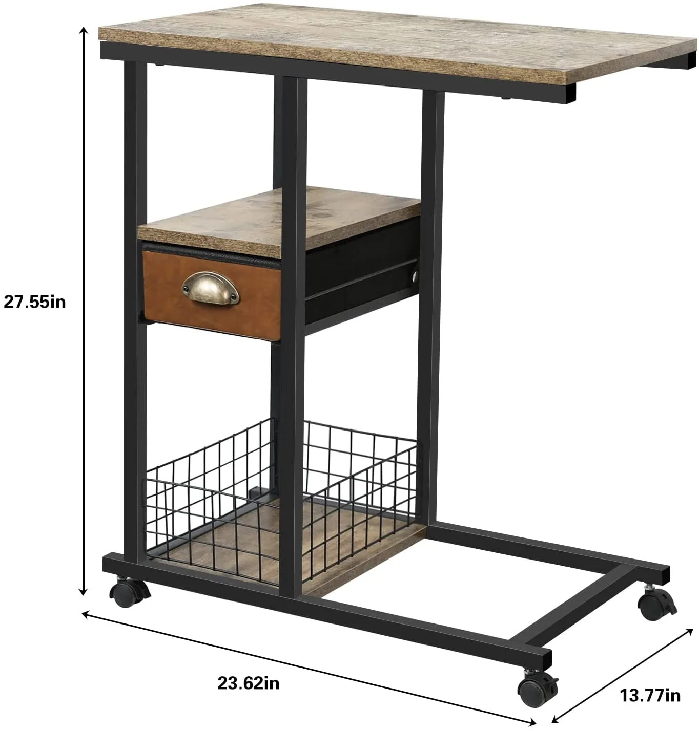 Overbed Laptop Table Mobile C Shaped Couch Side Table with Drawer, End Table Cart with Removable Caster