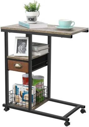 Overbed Laptop Table Mobile C Shaped Couch Side Table with Drawer, End Table Cart with Removable Caster
