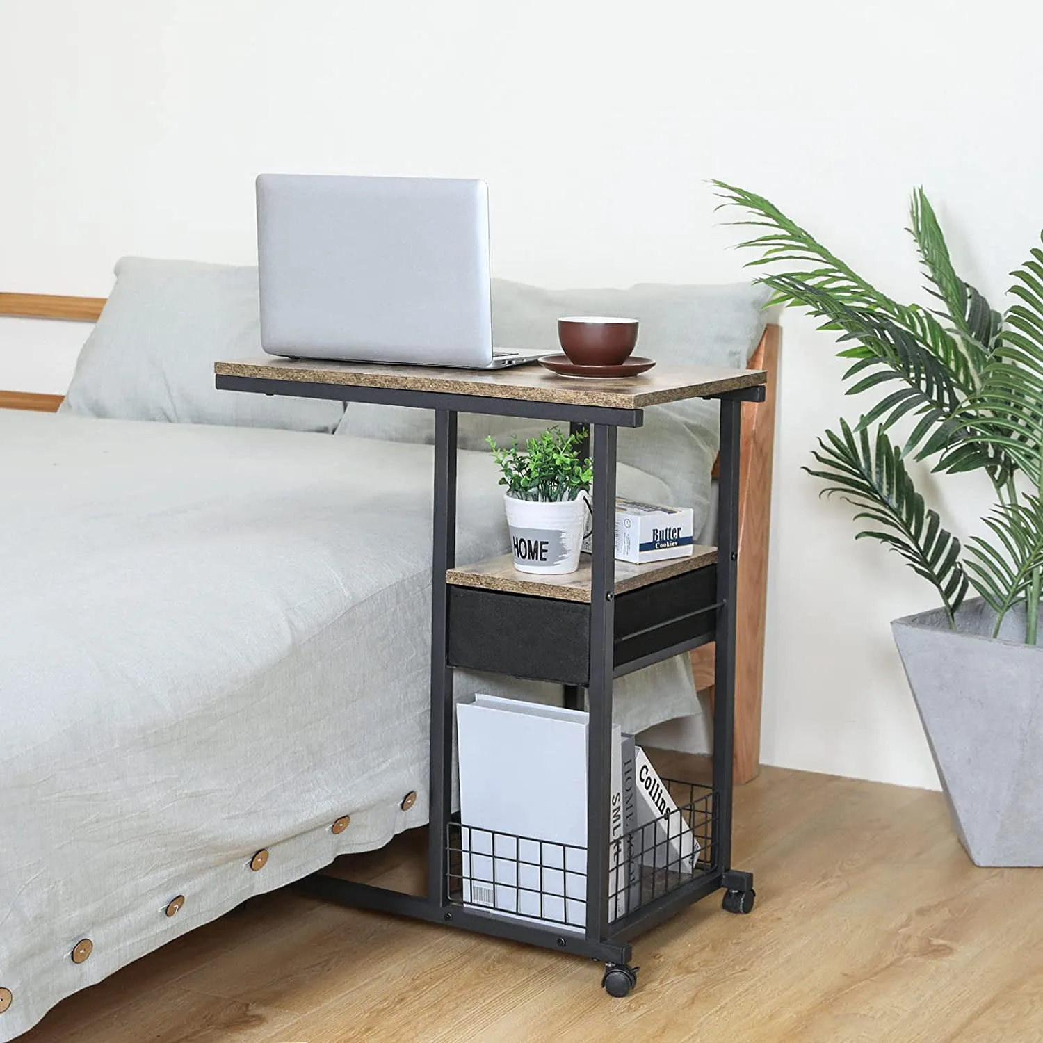 Overbed Laptop Table Mobile C Shaped Couch Side Table with Drawer, End Table Cart with Removable Caster