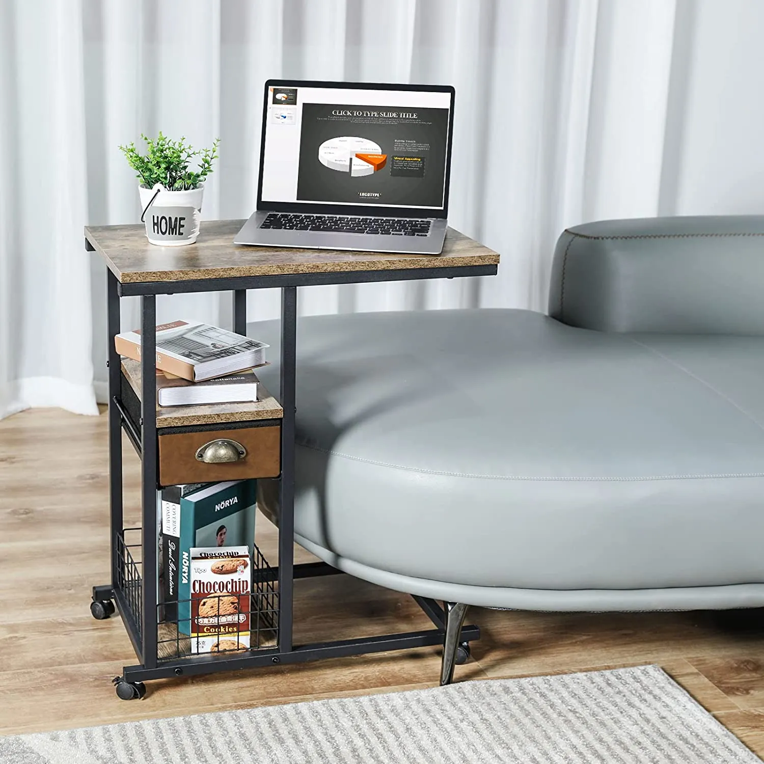 Overbed Laptop Table Mobile C Shaped Couch Side Table with Drawer, End Table Cart with Removable Caster
