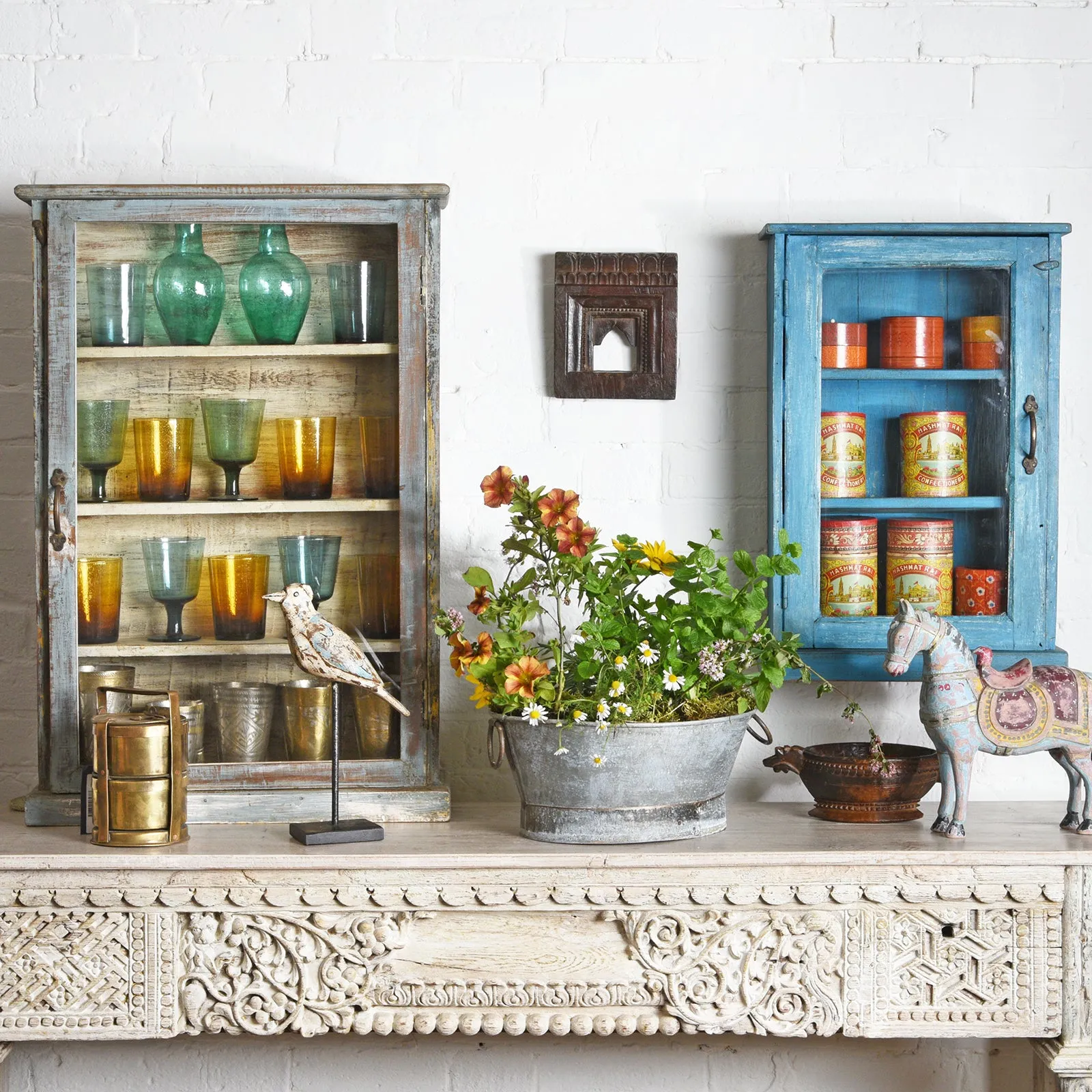 Painted Teak Glazed Tall Wall Cabinet - Ca 1920
