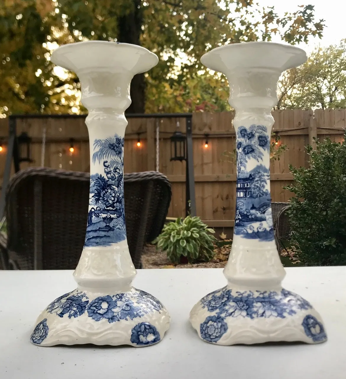 Pair Lg Vintage Blue & White Transferware Candle Holders Tonquin Royal Staffordshire Clarice Cliff