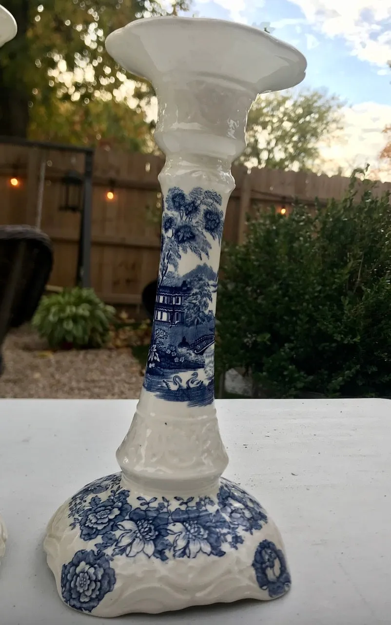 Pair Lg Vintage Blue & White Transferware Candle Holders Tonquin Royal Staffordshire Clarice Cliff