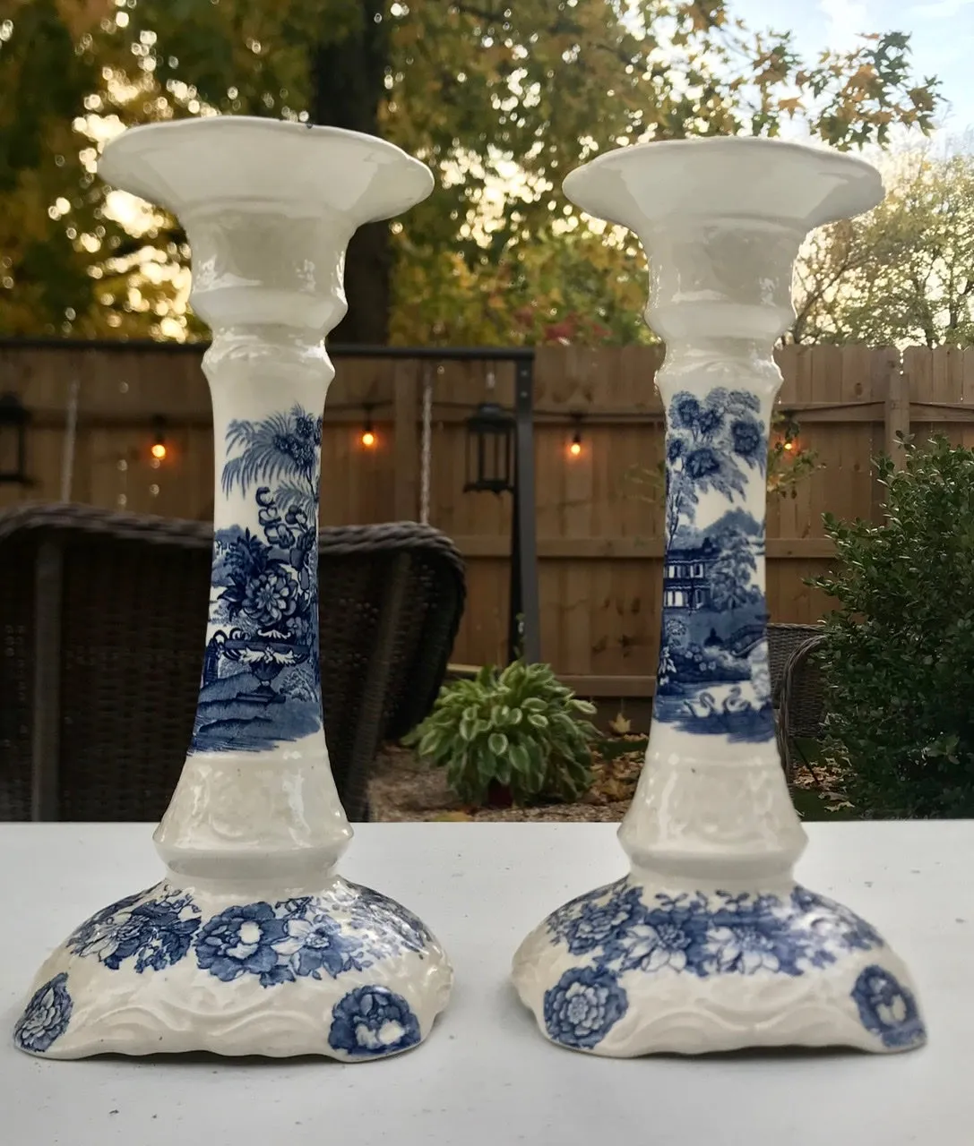 Pair Lg Vintage Blue & White Transferware Candle Holders Tonquin Royal Staffordshire Clarice Cliff