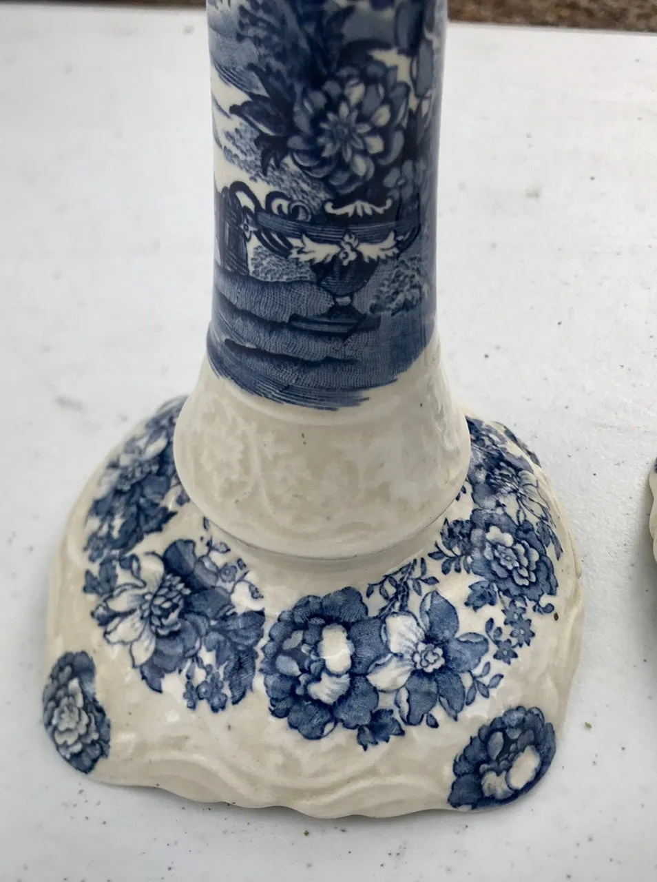 Pair Lg Vintage Blue & White Transferware Candle Holders Tonquin Royal Staffordshire Clarice Cliff
