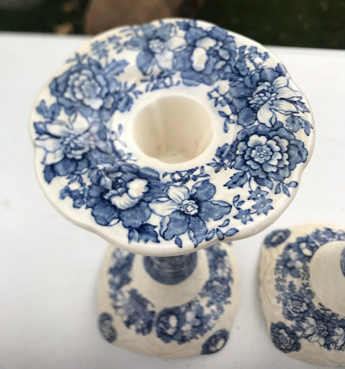 Pair Lg Vintage Blue & White Transferware Candle Holders Tonquin Royal Staffordshire Clarice Cliff