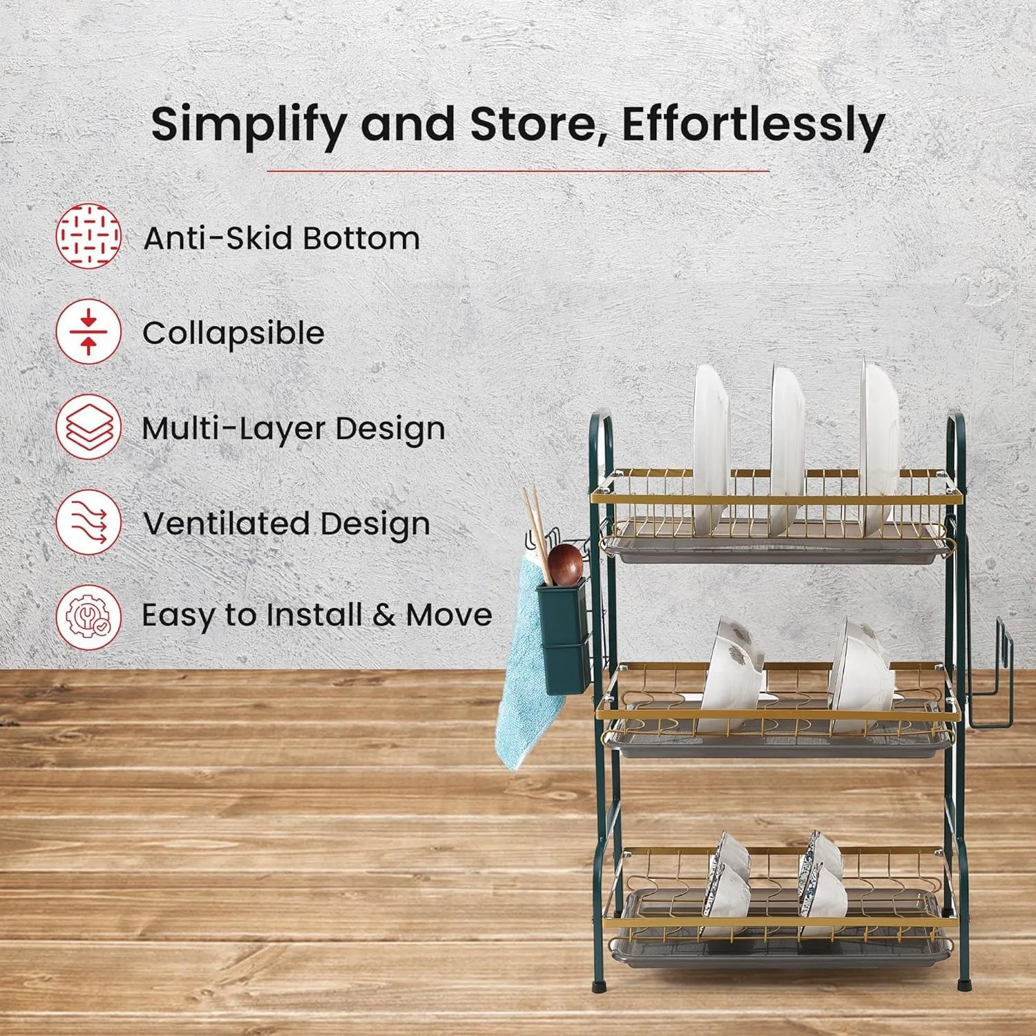 Plantex 3-Layer Dish Drying Rack|Storage Rack for Kitchen Counter|Drainboard & Cutting Board Holder|Premium Utensils Basket (Gold & Dark Green)
