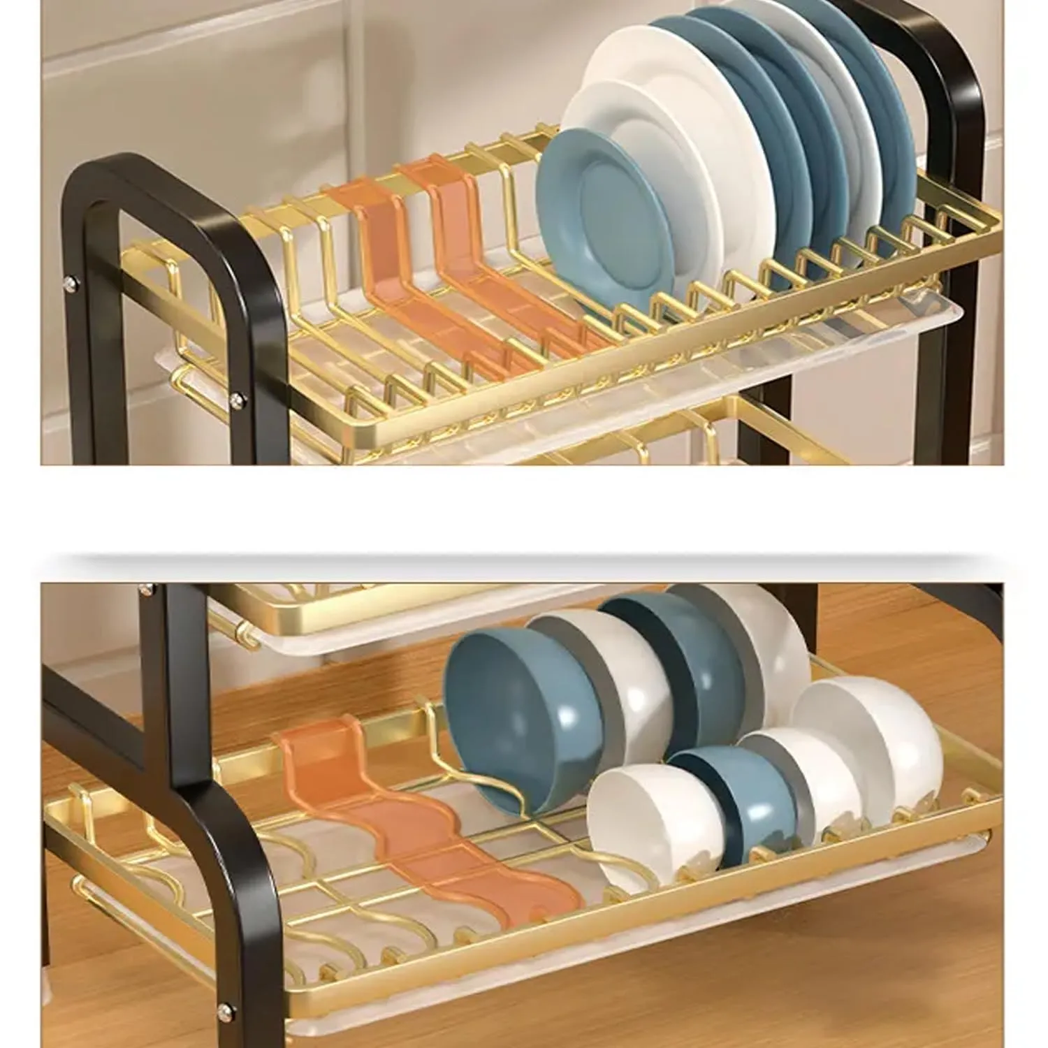 Plantex 3-Layer Dish Drying Rack|Storage Rack for Kitchen Counter|Drainboard & Cutting Board Holder|Premium Utensils Basket (Gold & Dark Green)