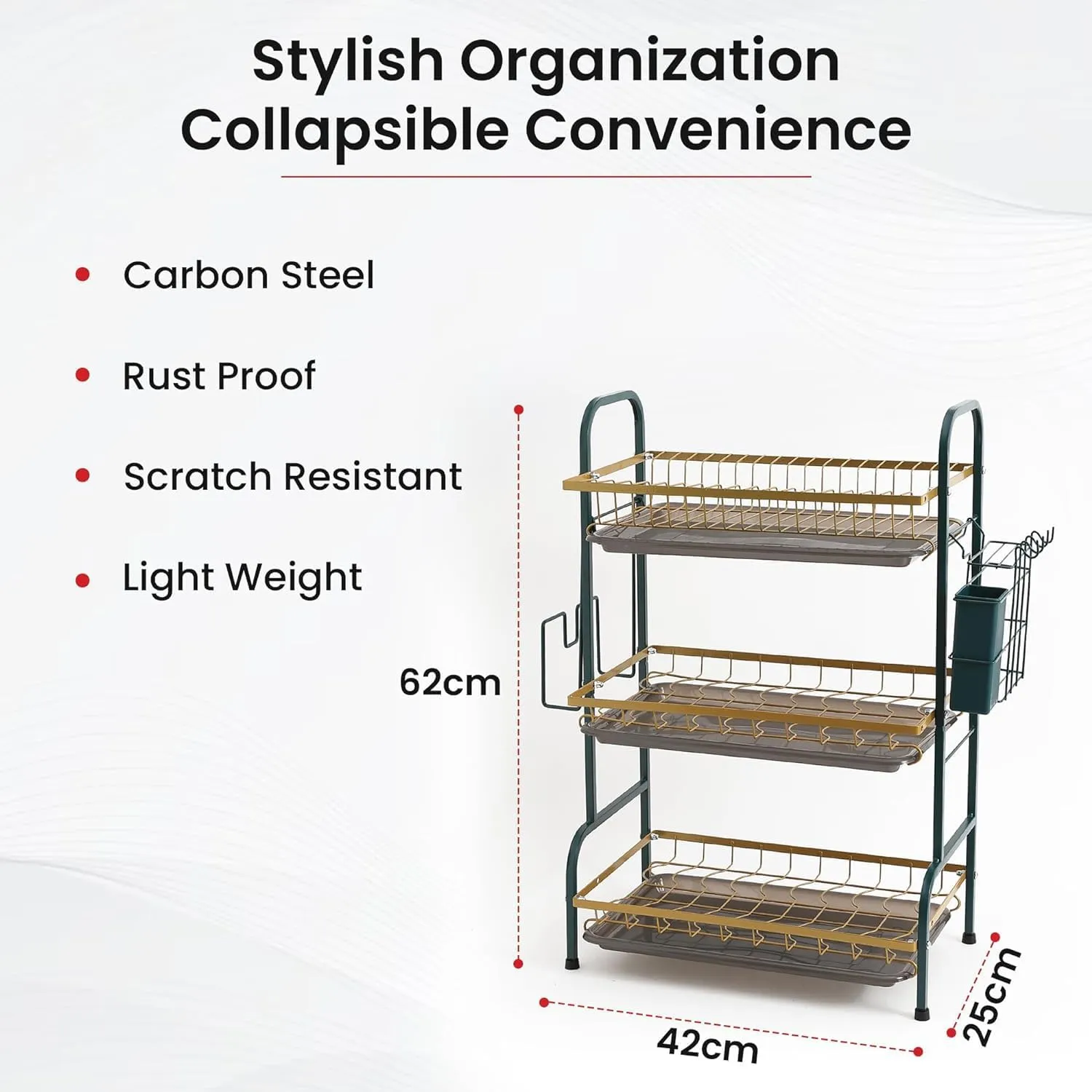 Plantex 3-Layer Dish Drying Rack|Storage Rack for Kitchen Counter|Drainboard & Cutting Board Holder|Premium Utensils Basket (Gold & Dark Green)