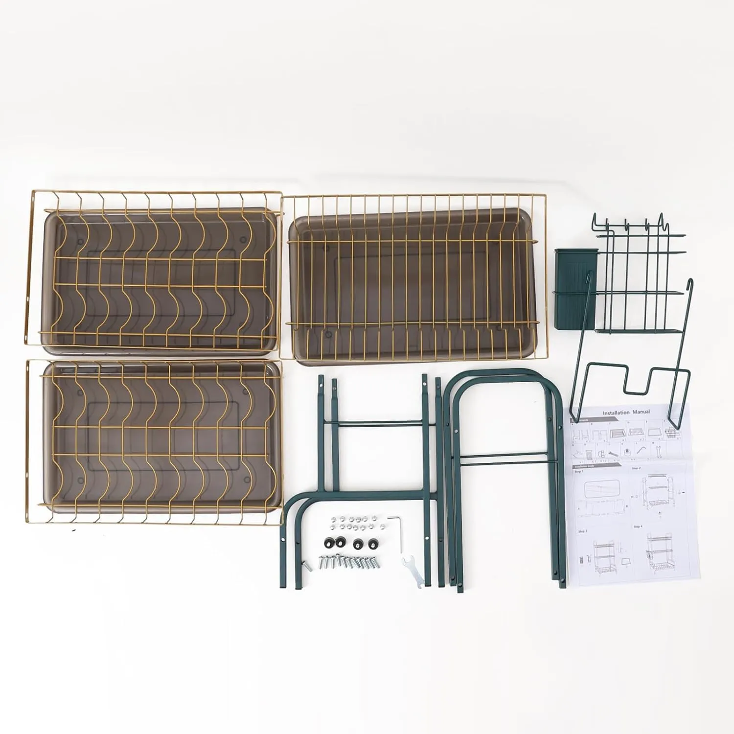 Plantex 3-Layer Dish Drying Rack|Storage Rack for Kitchen Counter|Drainboard & Cutting Board Holder|Premium Utensils Basket (Gold & Dark Green)