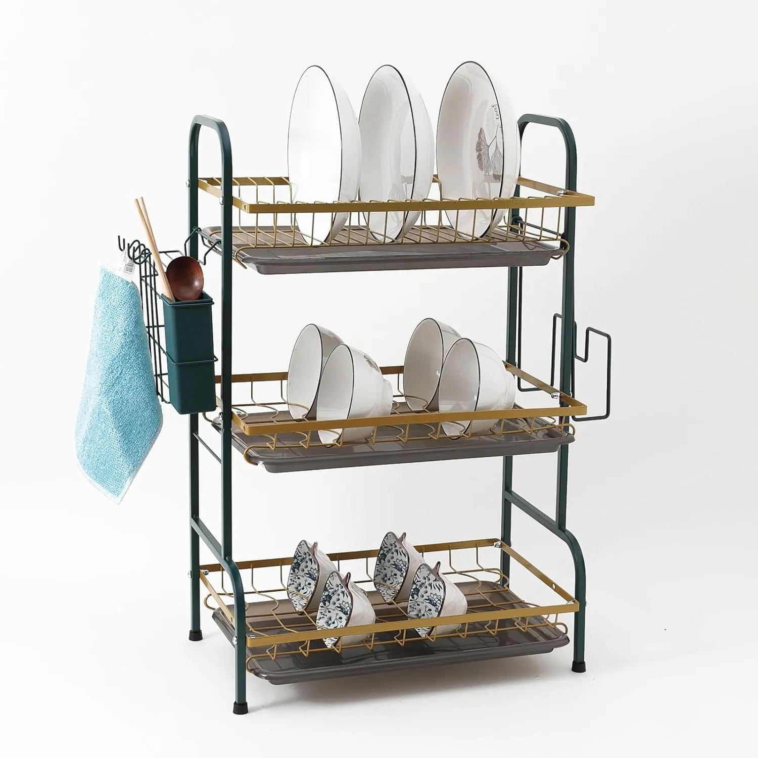 Plantex 3-Layer Dish Drying Rack|Storage Rack for Kitchen Counter|Drainboard & Cutting Board Holder|Premium Utensils Basket (Gold & Dark Green)