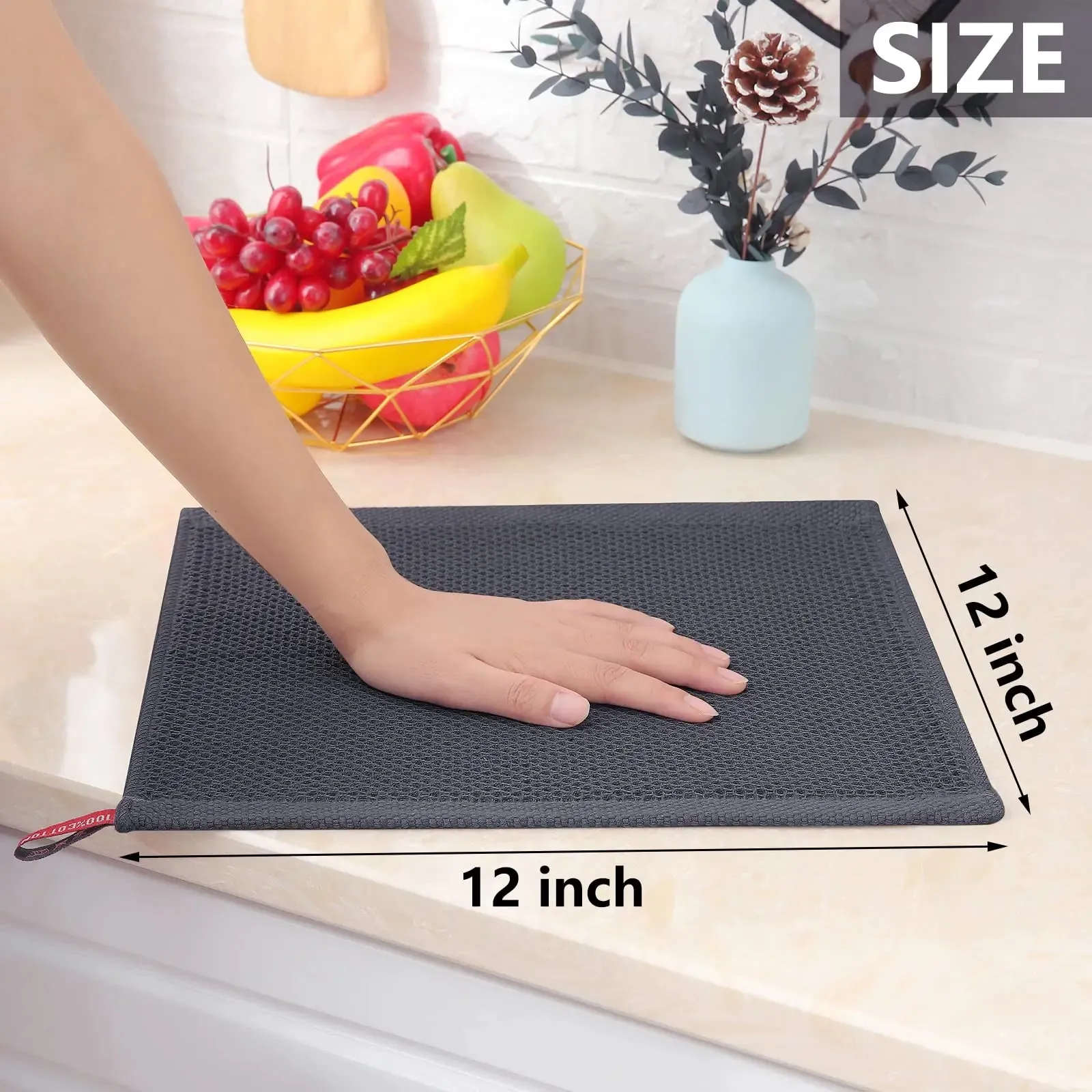 Premium 100% Cotton Waffle Weave Kitchen Towels – Ultra Soft, Absorbent, Quick-Dry Dish Cloths, 12x12 Inches, 6-Pack
