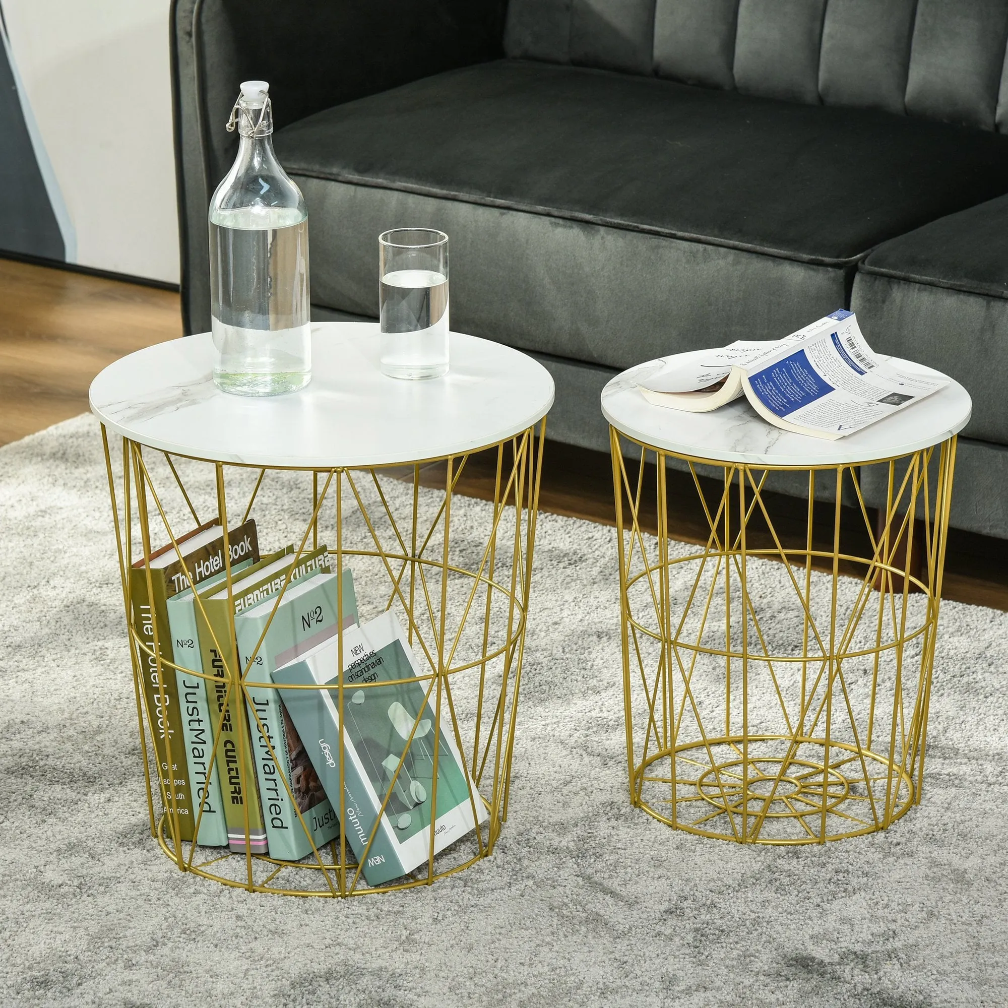 Set of 2 Nesting Side Tables with Storage, Round End Tables Coffee Tables with Steel Frame and Removable Round Top, for Living Room, bedroom, office, White Basket