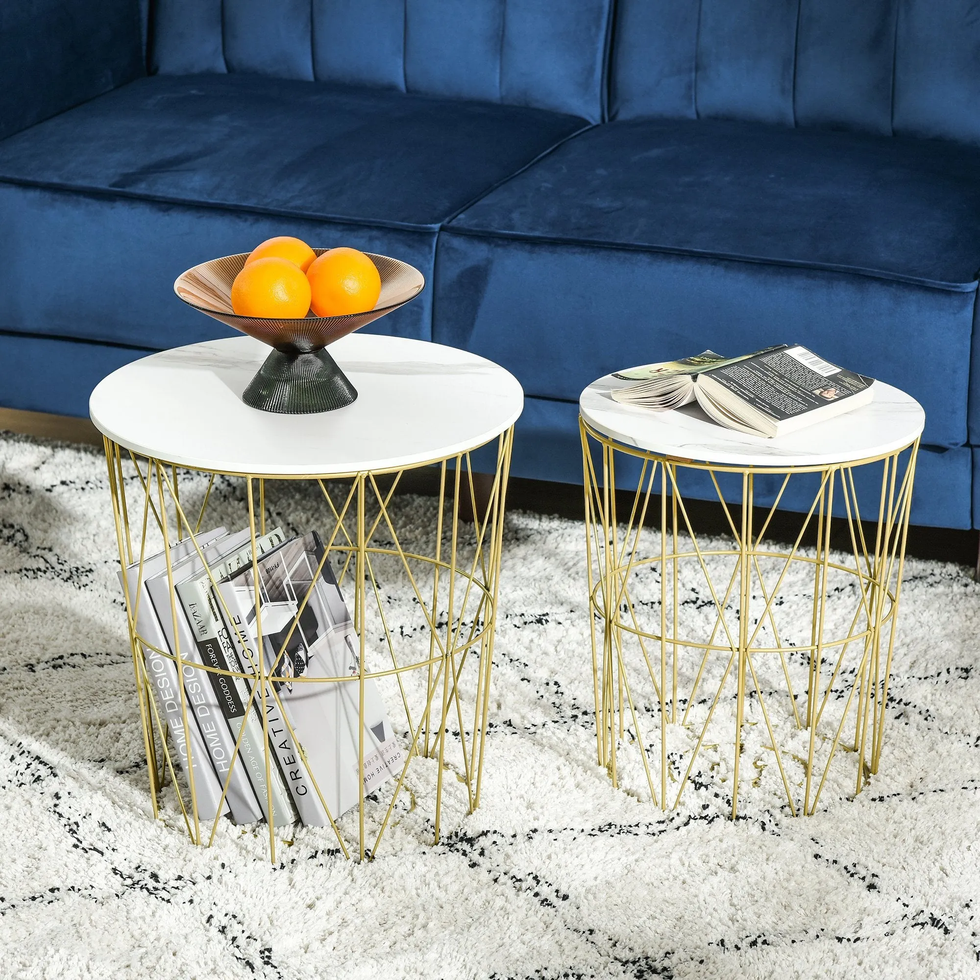 Set of 2 Nesting Side Tables with Storage, Round End Tables Coffee Tables with Steel Frame and Removable Round Top, for Living Room, bedroom, office, White Basket