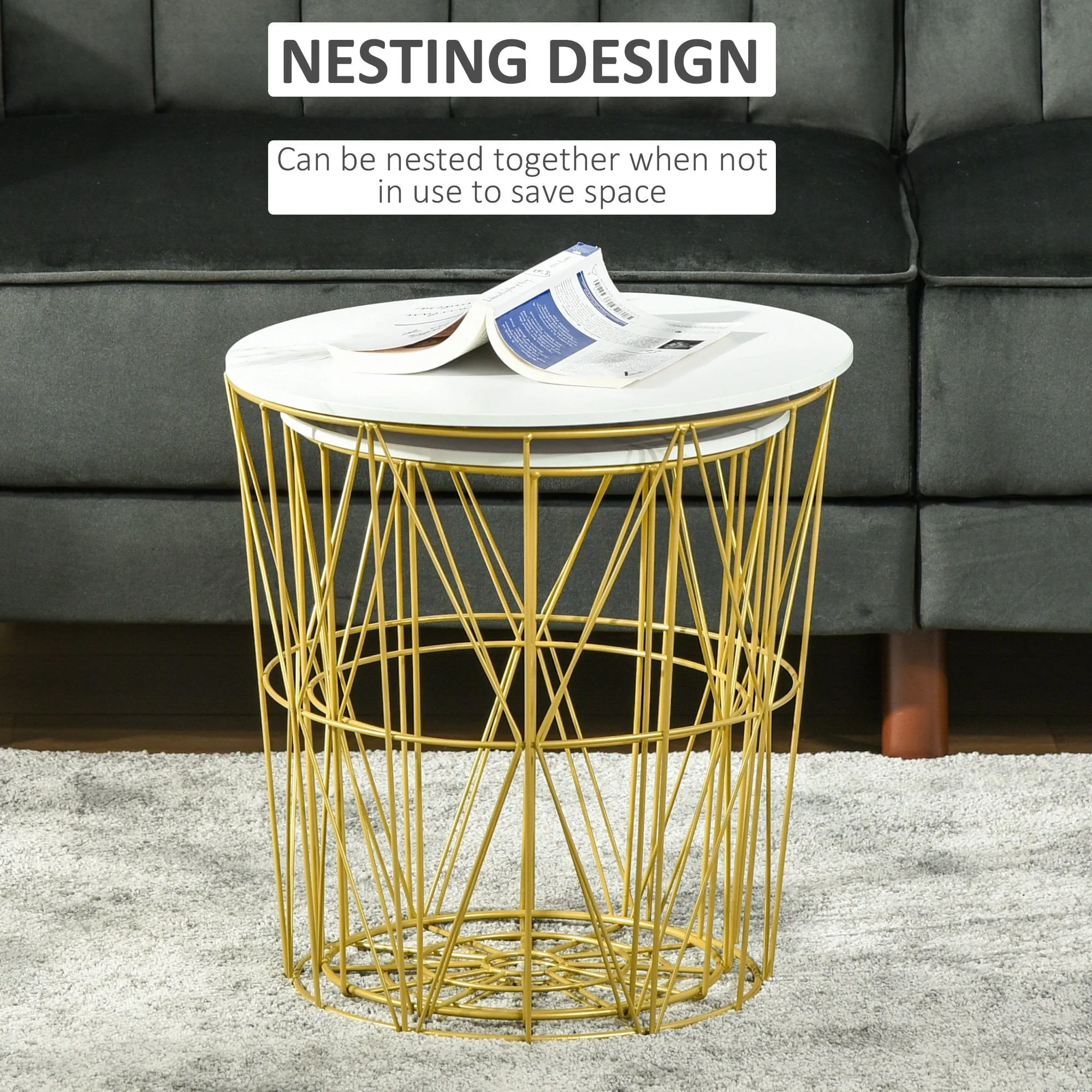 Set of 2 Nesting Side Tables with Storage, Round End Tables Coffee Tables with Steel Frame and Removable Round Top, for Living Room, bedroom, office, White Basket
