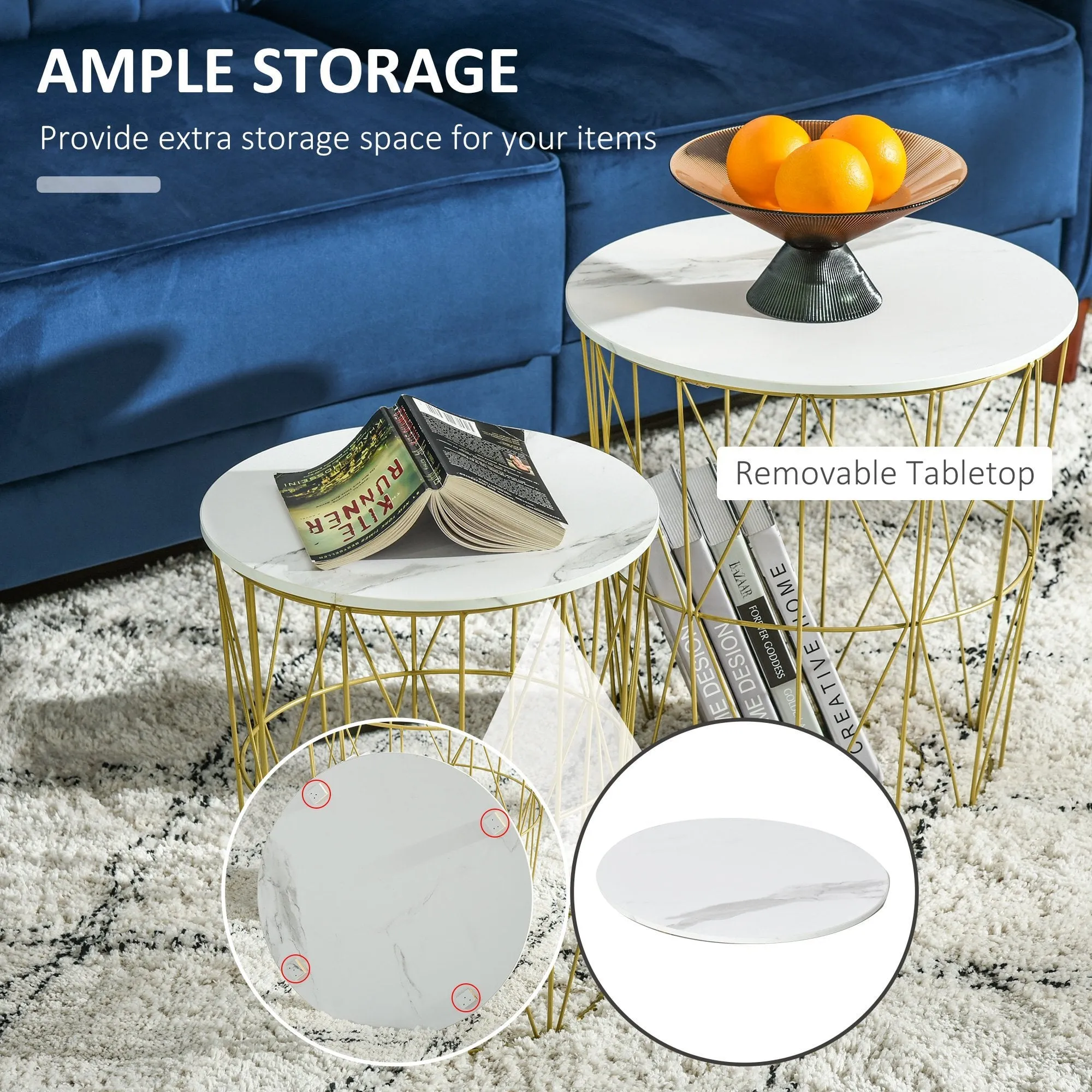 Set of 2 Nesting Side Tables with Storage, Round End Tables Coffee Tables with Steel Frame and Removable Round Top, for Living Room, bedroom, office, White Basket