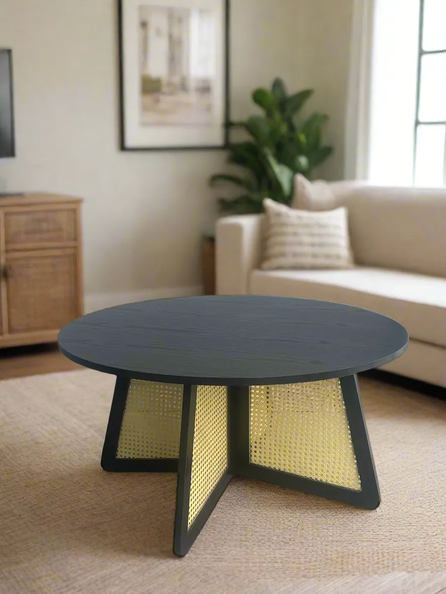 Shia Cane Round Black Coffee Table