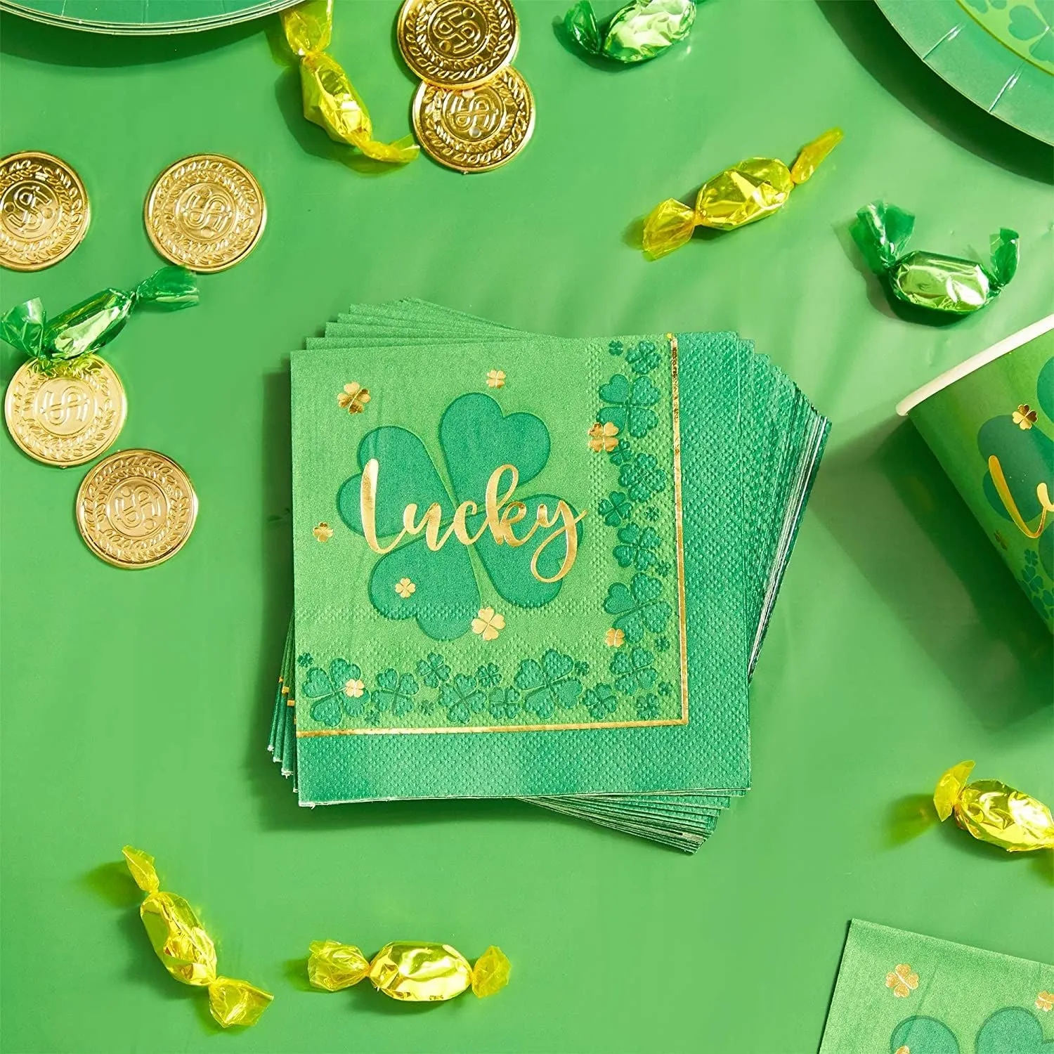 St Patrick's Party Napkins, Green Four Leaf Clover-Themed Lucky Design (5 In, 50 Pack)