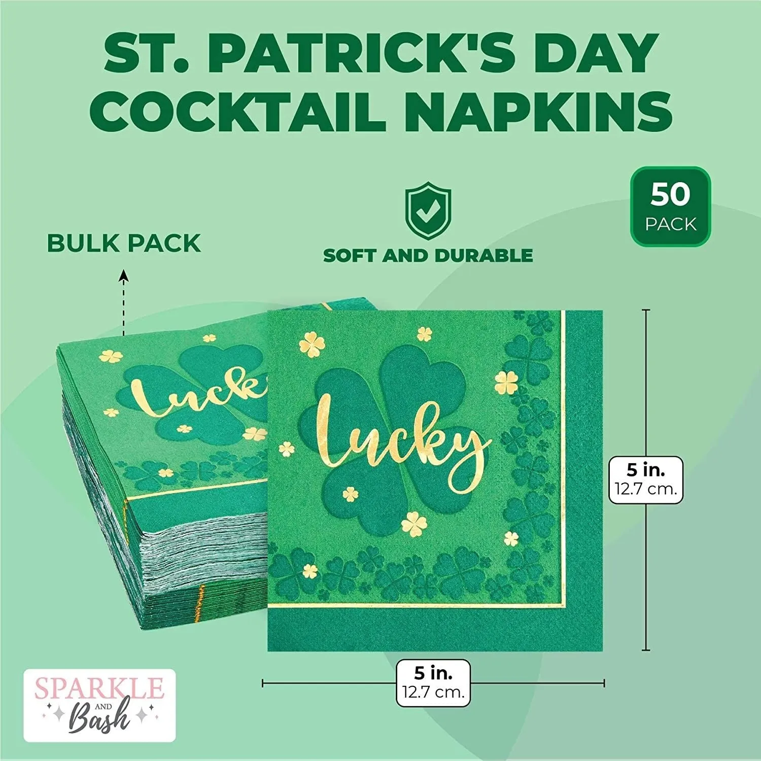 St Patrick's Party Napkins, Green Four Leaf Clover-Themed Lucky Design (5 In, 50 Pack)