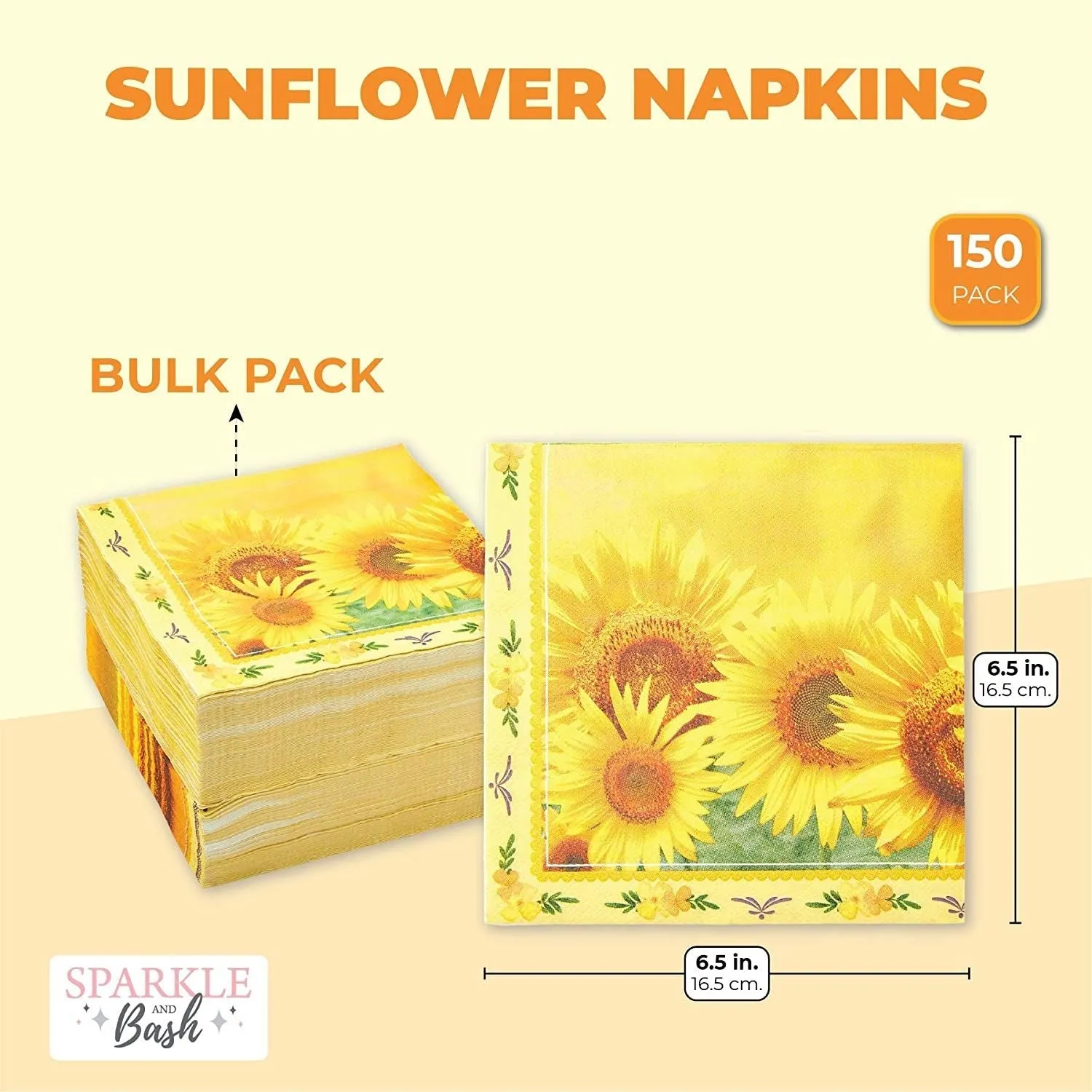 Sunflower Paper Napkins for Floral Party (6.5 x 6.5 In, 150 Pack)