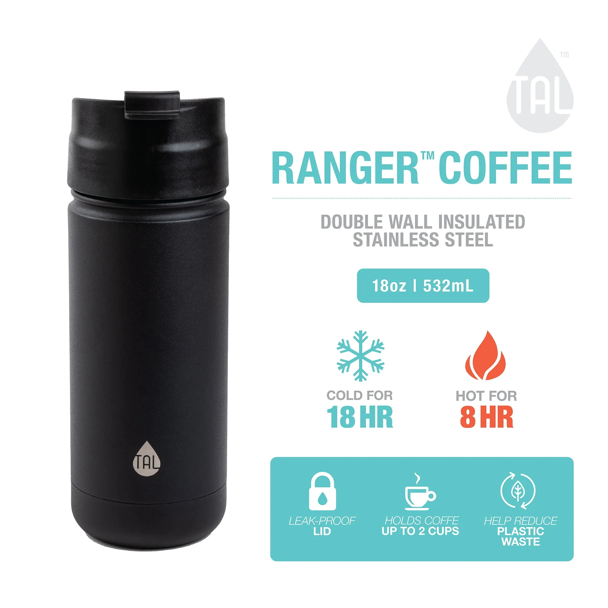 TAL 18Oz Travel Mug Stainless Steel Double Wall Vacuum Insulated, Black